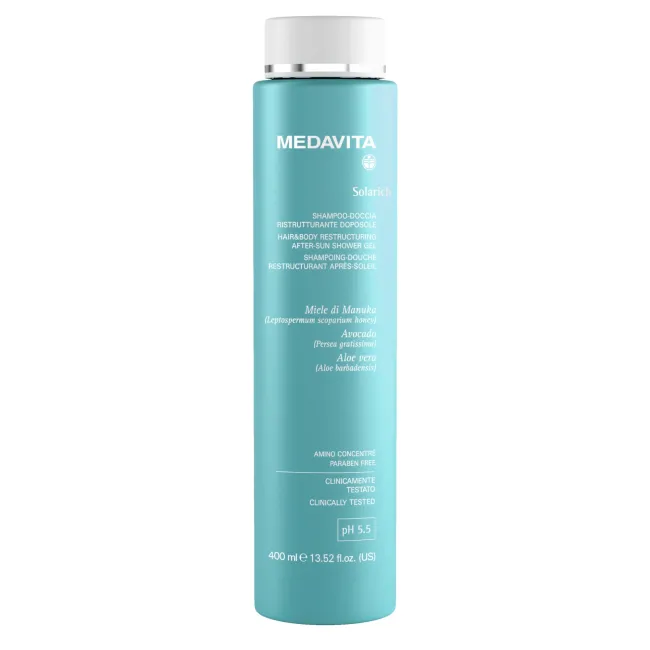 Medavita Solarich Shampoo-Doccia Ristrutturante Doposole Хелатувальний та відновлювальний шампунь-гель для душу після перебування на сонці 400ml